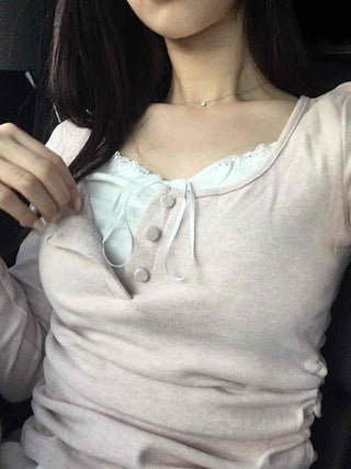 Romantic Puff Sleeve Button Neck String Long Sleeve T-shirt