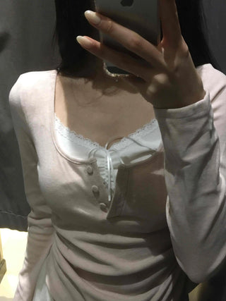 Romantic Puff Sleeve Button Neck String Long Sleeve T-shirt