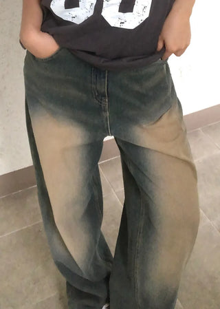 Nuel Vintage Yellow Washed Wide Denim Pants