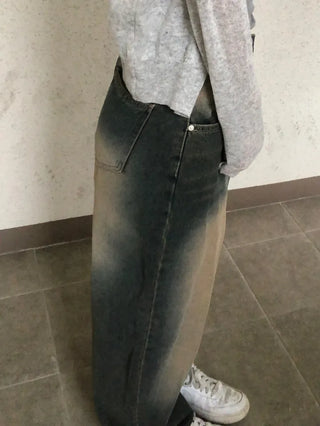 Nuel Vintage Yellow Washed Wide Denim Pants