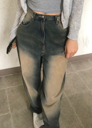 Nuel Vintage Yellow Washed Wide Denim Pants