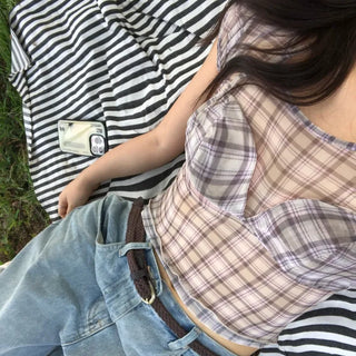 Kiren Simple Bra Top Check Square Neck Short Sleeve T-shirt