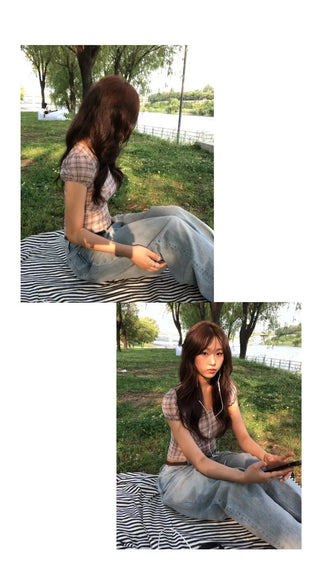 Kiren Simple Bra Top Check Square Neck Short Sleeve T-shirt