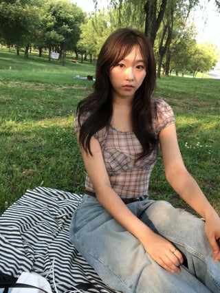 Kiren Simple Bra Top Check Square Neck Short Sleeve T-shirt