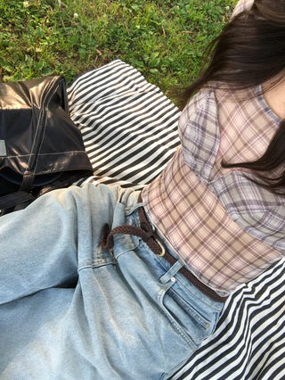 Kiren Simple Bra Top Check Square Neck Short Sleeve T-shirt