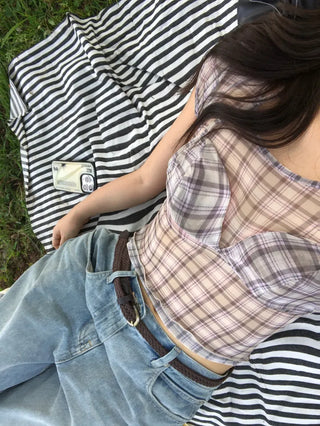 Kiren Simple Bra Top Check Square Neck Short Sleeve T-shirt