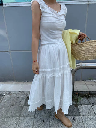 Lace Frill Cotton Long Skirt
