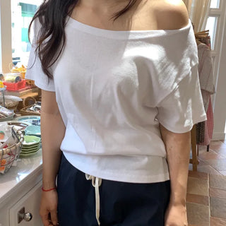 Simple Trendy Boat Neck Off-Shoulder T-Shirt
