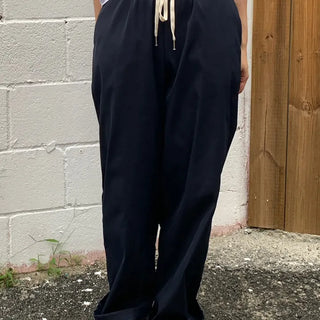 Color-block Waist Crinkly Long Wide Pants