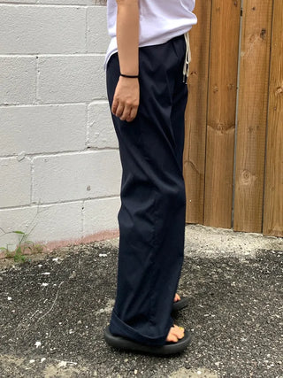 Color-block Waist Crinkly Long Wide Pants