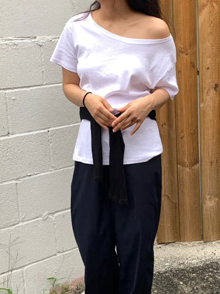 Color-block Waist Crinkly Long Wide Pants