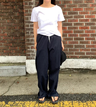 Color-block Waist Crinkly Long Wide Pants