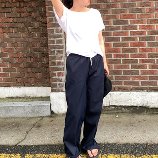 Color-block Waist Crinkly Long Wide Pants