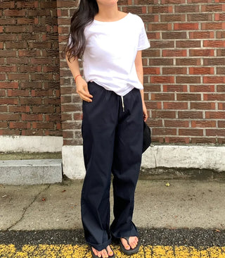 Color-block Waist Crinkly Long Wide Pants