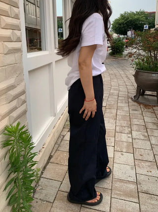 Color-block Waist Crinkly Long Wide Pants
