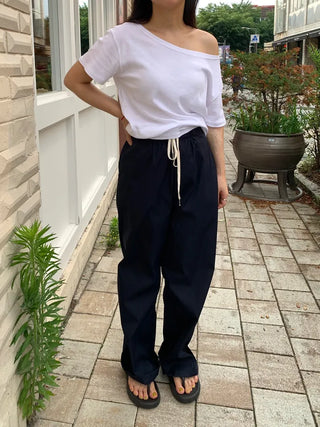 Color-block Waist Crinkly Long Wide Pants