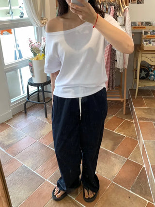 Color-block Waist Crinkly Long Wide Pants
