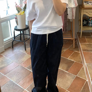 Color-block Waist Crinkly Long Wide Pants