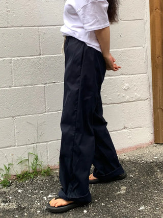 Color-block Waist Crinkly Long Wide Pants