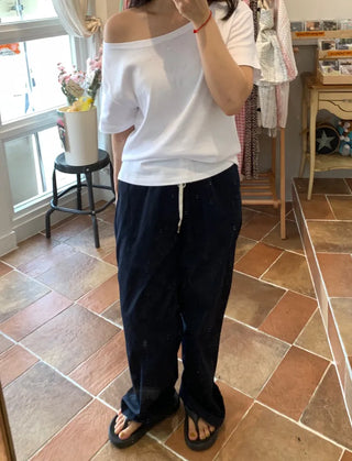 Color-block Waist Crinkly Long Wide Pants