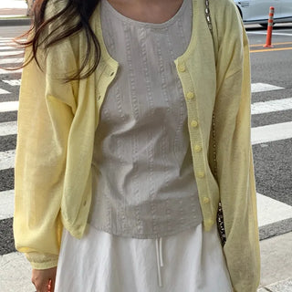Natural Long Sleeve Round Neck Button Cardigan