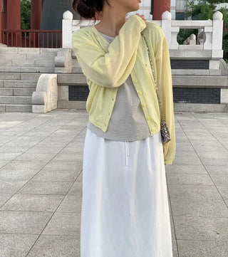 Natural Long Sleeve Round Neck Button Cardigan
