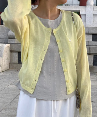 Natural Long Sleeve Round Neck Button Cardigan