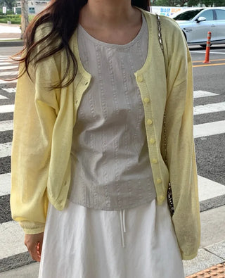 Natural Long Sleeve Round Neck Button Cardigan