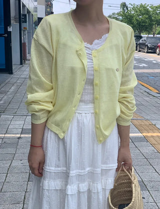 Natural Long Sleeve Round Neck Button Cardigan