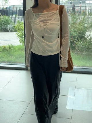 Delicate Fit Tencel Halter Layered Wrap Long Sleeve