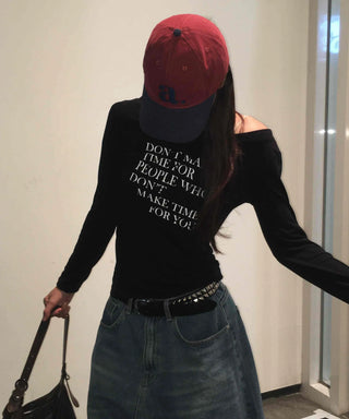 English Lettering Off-Shoulder U-Neck Long-Sleeve T-Shirt