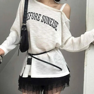 Lettering One-Shoulder Long-Sleeve T-Shirt