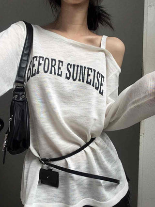 Lettering One-Shoulder Long-Sleeve T-Shirt