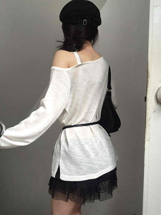 Lettering One-Shoulder Long-Sleeve T-Shirt