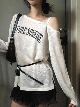 Lettering One-Shoulder Long-Sleeve T-Shirt