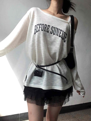 Lettering One-Shoulder Long-Sleeve T-Shirt