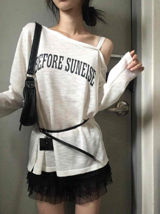 Lettering One-Shoulder Long-Sleeve T-Shirt