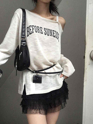 Lettering One-Shoulder Long-Sleeve T-Shirt
