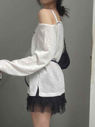 Lettering One-Shoulder Long-Sleeve T-Shirt