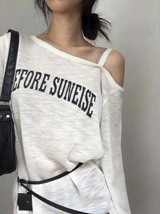 Lettering One-Shoulder Long-Sleeve T-Shirt