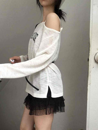 Lettering One-Shoulder Long-Sleeve T-Shirt