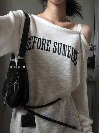 Lettering One-Shoulder Long-Sleeve T-Shirt