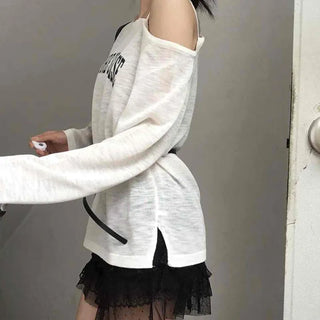 Lettering One-Shoulder Long-Sleeve T-Shirt