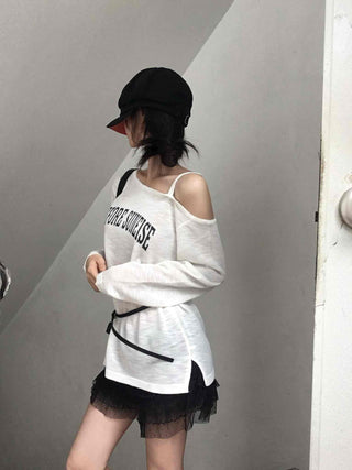 Lettering One-Shoulder Long-Sleeve T-Shirt