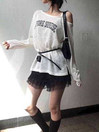 Lettering One-Shoulder Long-Sleeve T-Shirt