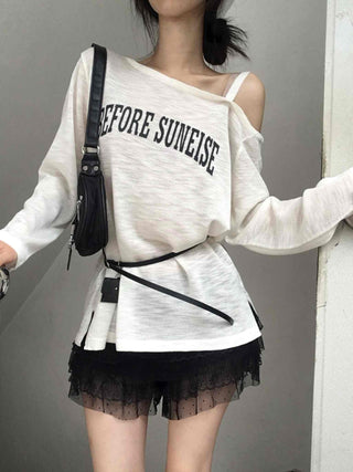Lettering One-Shoulder Long-Sleeve T-Shirt