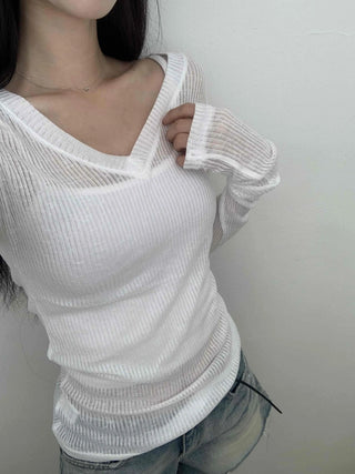 Comfort See-through Ribbed V-Neck Long Sleeve Tee