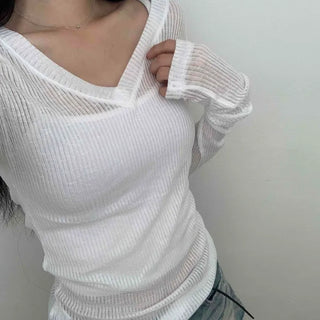 Comfort See-through Ribbed V-Neck Long Sleeve Tee