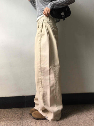 Wide Long Pants with Tabe Cutout at the Hem