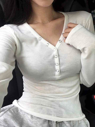 Daily Button Snap Plain Long Sleeve T-shirt